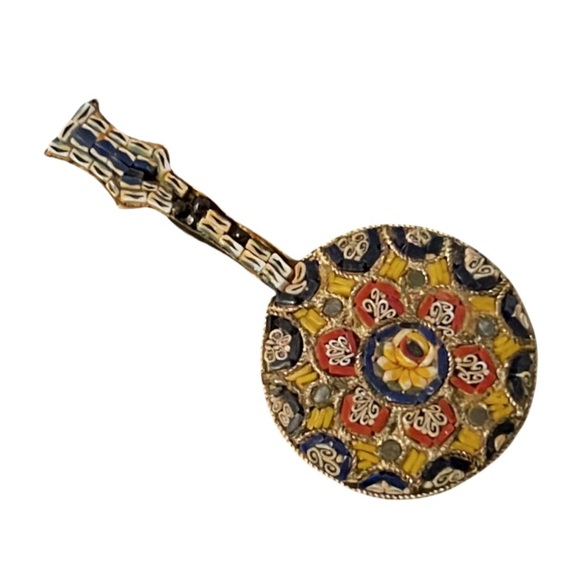 Vintage Jewelry - Vintage Multicolor Italian Mosaic Tile Floral Banjo Guitar Strings Brooch